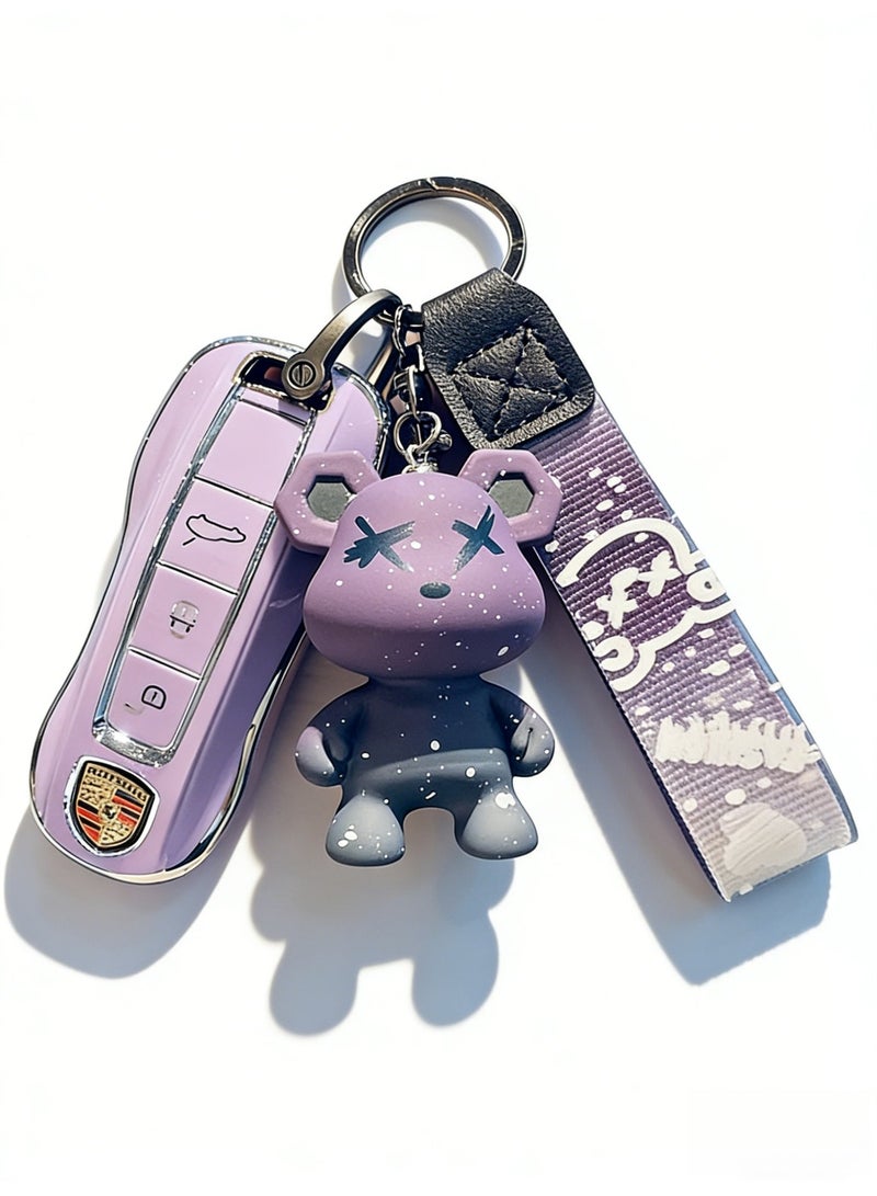 ماك جاباجز Suitable for Porsche Pastel Purple Metal Key Fob Case with Graffiti Bear Keychain & Strap (Please purchase according to your own key style) - Image 1